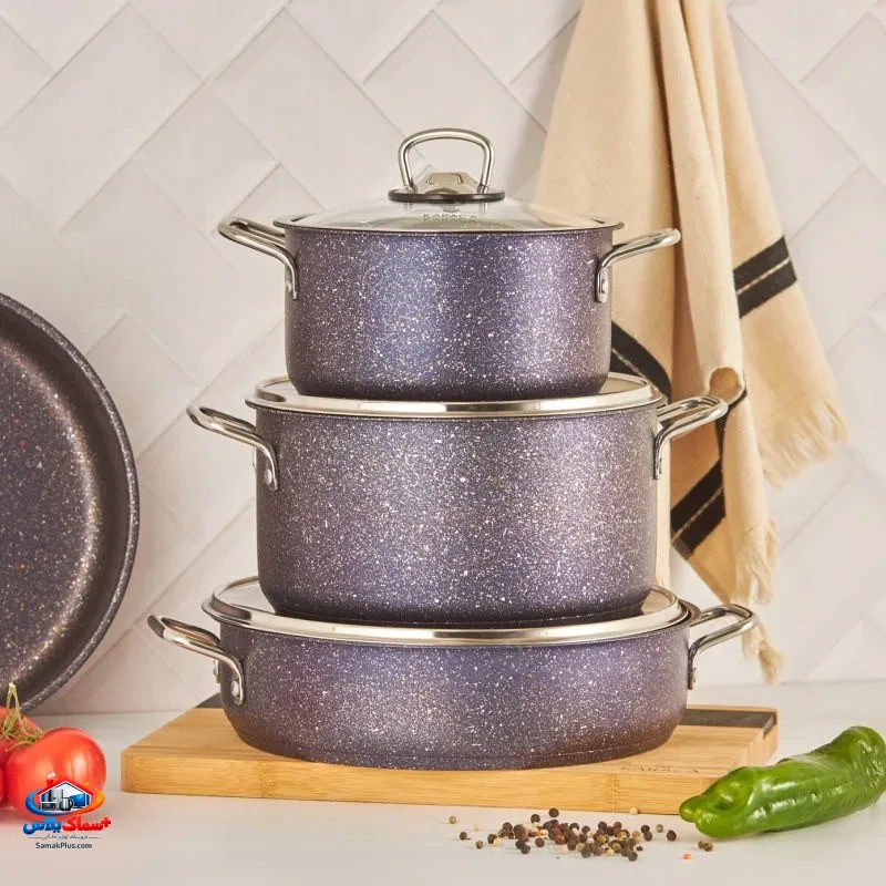 سرویس قابلمه 7 پارچه کاراجا (Karaca) ترکیه اصل رنگ نوک مدادی – گرانیتی نچسب با درب پیرکس و طراحی مدرن
