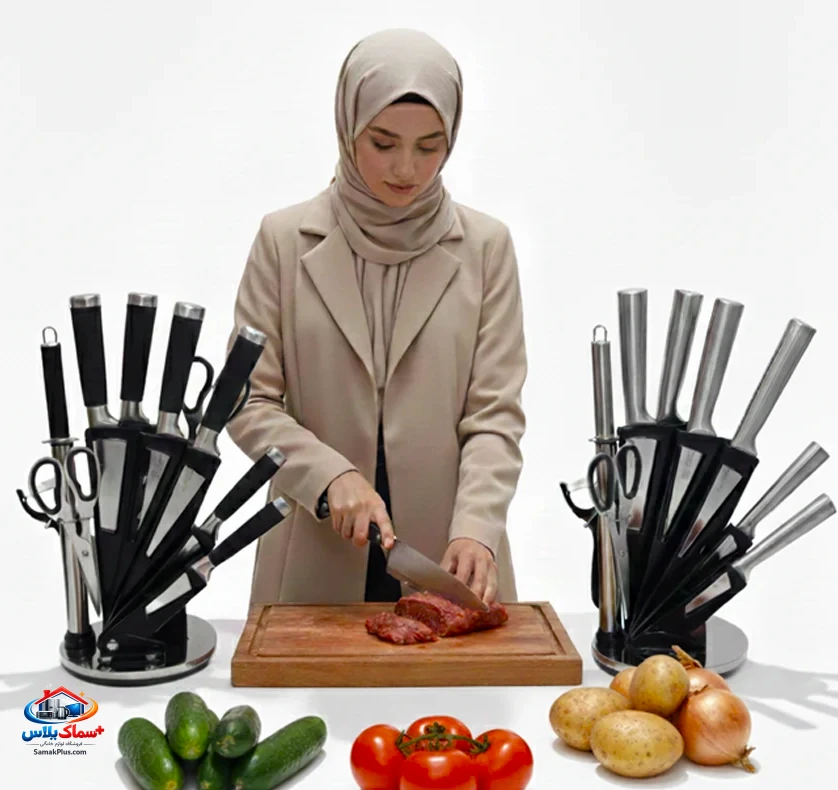 سرویس کارد و ساطور 9 پارچه لندگرین | ست چاقوی آشپزخانه استیل ضدزنگ با پایه چرخشی