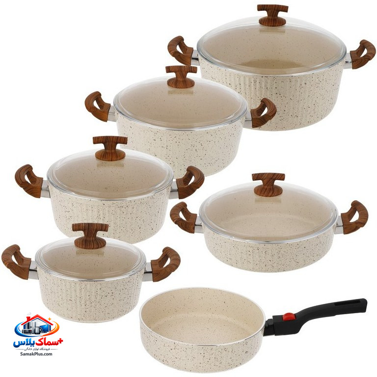 سرویس قابلمه  11 پارچه گرانیتی چدن و آلمینیوم  مدل السا برند اویز pmd- رنگ کرم
